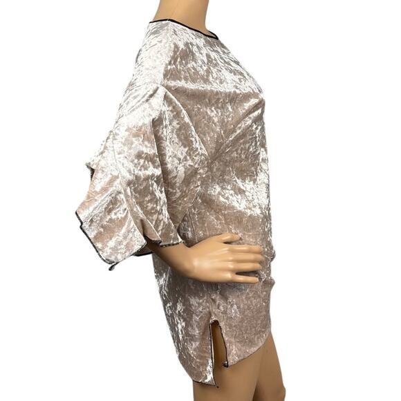 Women's Crushed Velvet Tunic Top Flutter Sleeve Champagne Retro Size M Boho - Picture 2 of 8